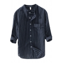 Mens Shirt Simple Pinstripe Print Cotton Linen Stand Collar Button Detail Regular Fit 3/4 Sleeve Shirt