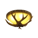 Tan Glass Domed Ceiling Lamp Farmhouse 3-Light Living Room Flush Mount Light with Faux Antler in Brown