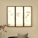 Chinese Lotus Ink Painting Wall Sconce Fabric Family Room LED Mural Light Fixture in Black