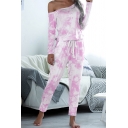 Cool Womens Co-ords Tie Dye Drawstring Pants One Shoulder Long Sleeve Loose T Shirt Sets