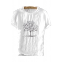 Retro Mens Tee Top Tree Branch Embroidered Cotton Linen Short Sleeve Regular Fitted Crew Neck Tee Top