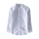 Mens Shirt Simple Plain Cotton Linen Stand Collar Button Detail Regular Fit Long Sleeve Shirt