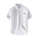 Mens Shirt Stylish Pinstripe Print Letter Embroidery Purified Cotton Button up Chest Pocket Spread Collar Short Sleeve Regular Fit Shirt