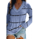 All-Match T-Shirt Stripe Pattern V Neck Long Sleeves Fitted Tee Top for Women