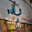 Blue 1-Bulb Wall Lighting Mediterranean Stained Glass Lantern Wall Mounted Lamp with Anchor and Fish Decor