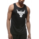 Basic Mens Tank Top Geometric Animal Head Print Breathable Quick Dry Round Neck Slim Fitted Sleeveless Tank Top