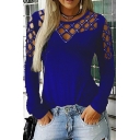 Fancy T-Shirt Solid Color Hollow Details Round Neck Long Sleeves Slim Fit T-Shirt for Women