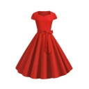 Novelty Womens Dress Solid Color Bow Tie Waist Midi A-Line Slim Fitted Sweetheart Neck Short Sleeve Swing Dress