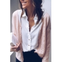 Womens Casual Plain Long Sleeve Button Up Pointelle-Trimmed Thin Sweater Cardigan