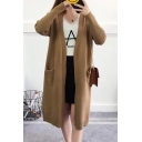 Vintage Womens Cardigan Solid Color Double Pockets Front Loose Fit Long Sleeve Mid-Length Cardigan