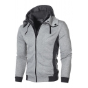 Basic Mens Jacket Color Block Panel Double-Layer Zipper Design Long Sleeve Slim Fitted Hooded Casual Jacket