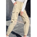 Women's Street Cool Plain High Rise Distressed Flap Pockets Cuff Ankle Length Relaxed Tapered Cargo Pants