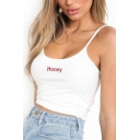 Popular Womens Sleeveless Letter ABCDEFUCKOFF Print Knitted Fit Cropped Cami Top in White