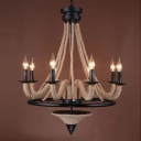 Brown Candlestick Chandelier Lighting Countryside Hemp 8 Lights Dining Room Hanging Ceiling Light