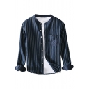 Mens Shirt Stylish Vertical Pinstripe Print Cotton Linen Chest Pocket Stand Collar Button Detail Regular Fit Long Sleeve Shirt