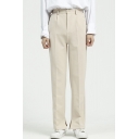 Classic Mens Pants Plain Split Hem Partially Elastic Waist Zipper Fly Regular Fit Long Straight Tailored Pants