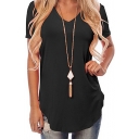 Casual T-Shirt Solid Color Side Slits V-Neck Regular Fitted Tee Top for Women