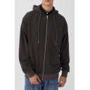 Basic Men's Coat Solid Color Zipper Drawstring Hood Long Sleeve Regular Fit Coat