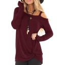 Sexy Women's T-Shirt Solid Color Cold Shoulder Front Twist Detail Long Sleeves Fitted Tee Top