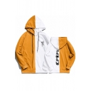 Womens Hooded Sweatshirt Trendy Japanese Letter Pattern Two Tone Drawstring Long Sleeve Relaxed Fitted Hooded Sweatshirt