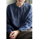 Womens Shirt Chic Houndstooth Pattern Linen Stringy Selvedge Stand Collar Button Detail Loose Fit Long Sleeve Shirt