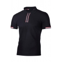 Mens Polo Shirt Trendy Stripe Pattern Zipper Detail Turn-down Collar Slim Fit Short Sleeve Polo Shirt