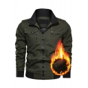 Mens Jacket Stylish Contrast Ribbed Trim Thickened Epaulets Zipper down Mock Neck Long Sleeve Slim Fitted Work Jacket
