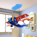 4 Lights Bedroom Ceiling Chandelier Kids Blue and Red Plane Hanging Lamp with Ball Frosted Glass Shade