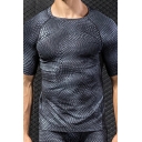 Cool Mens Sport Tee Top All-over 3D Geometric Pattern Quick-Dry Stretch Skinny Fitted Round Neck Short Sleeve T-Shirt