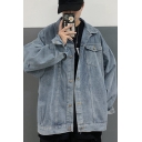 Retro Mens Jacket Flap Chest Pockets Button up Turn-down Collar Long Sleeve Loose Fitted Denim Jacket