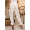 Basic Womens Pants Solid Color Tie Cuffs Zipper Fly Regular Fit 7/8 Length Tapered Relaxed Pants