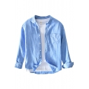 Mens Shirt Fashionable Solid Color Chest Pocket Cotton Linen Spread Collar Button Detail Regular Fit Long Sleeve Shirt