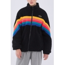 Youthful Thick Jacket Contrast Rainbow Print Fleece Fur Side Pockets Zipper Placket High Neck Long Sleeve Oversize Fit Casual Jacket for Men