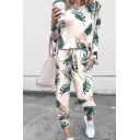 Free Style T-Shirt Tie Dye Star All over Leaf Printed Round Neck Long Sleeve Relaxed Fit Tee Top with Pants Co-ords