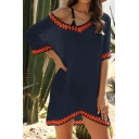 Girls Resort Mini Dress Geometric-Knit Trim Plain Transparent V-Neck Half Sleeve Shirt Dress