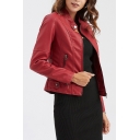 Womens Jacket Chic Solid Color Thin Zipper down Slim Fit Long Sleeve Stand Collar Leather Jacket