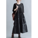 Trendy Women's Swing Dress Patchwork Solid Color Pleated Crew Neck Long Sleeves Relaxed Fit Long Swing Dress