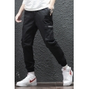 Men's Cool Fashion Zip Embellished Flap Pocket Side Simple Plain Black Trendy Casual Cargo Pants