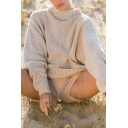 Womens Street Style Plain Pierced Cable Knit Round Neck Bloomer Sleeve Knitted Sweater