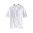 Novelty Mens Tee Top Solid Color Cotton Linen Button Design Ventilation Regular Fit Short Sleeve Round Neck T-Shirt
