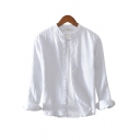 Classic Mens Shirt Plain Linen Breathable Stand Collar Button Detail Regular Fit Long Sleeve Shirt