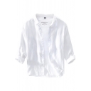 Novelty Mens Shirt Solid Color Linen Roll-Tab Detail Spread Collar Button Detail Regular Fit Long Sleeve Shirt
