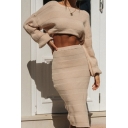 Womens Sweater Top and Skirt Sets Stylish Horizontal Rib Knit Plain Round Neck Bishop Sleeve Fitted Co-ords