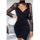Womens Dress Casual Surplice Front Lace Patchwork Mini Slim Fitted Cut Out Choker Neck Long Sleeve Bodycon Dress