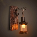 1 Bulb Lantern Wall Mount Lighting Rural Brown Clear Glass Wall Hanging Lamp with Rectangle Wood Backplate