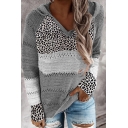 All-Match Women's Sweater Drawstring Hood Hollow out Knit Color Block Leopard Pattern Regular Fit Pullover Sweater