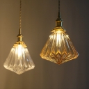 Diamond Bedside Pendant Light Fixture Rural Clear/Brown Ribbed Glass 1 Bulb Brass Suspension Lamp