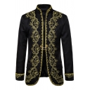 Mens Tuxedo Unique Floral Vine Embroidered Flap Pockets Costume Long Sleeve Stand Collar Slim Fitted Tuxedo