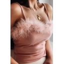 Classic Womens Cami Top Solid Color Fluffy Plush Trimmed Slim Fitted Spaghetti Strap Sleeveless Cami Top