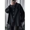 Mens Shirt Trendy Plain Stand Collar Curved Hem Back Button-down Loose Fit Long Sleeve Shirt with Chest Pocket